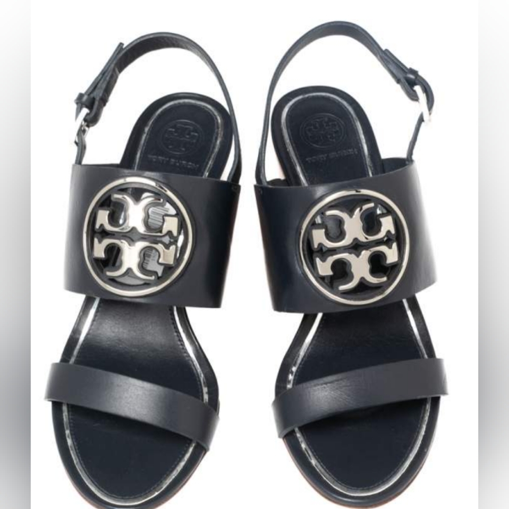 Tory Burch Miller Logo Navy Blue Leather Wedge Sandals Size 9 M EUC Like New!
